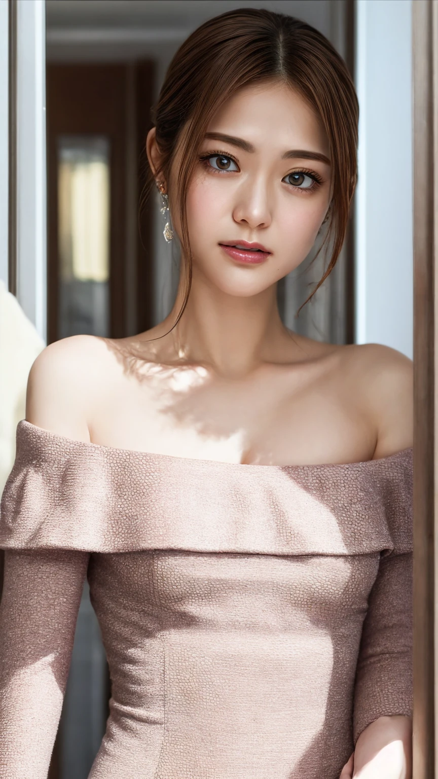 Dressing room、Super detailed、Particles of light:0.5、Beautiful Eyeouth half open、Natural Texture、Mature slender beauty、Off the shoulder、sexual temptation、