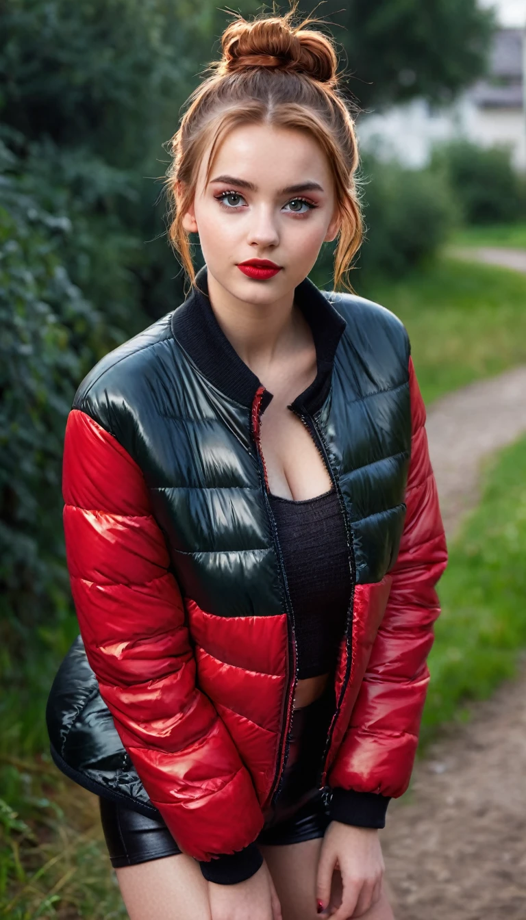 ultrarealistic high quality fullbody photo of a beautiful slim european  girl with cute hyperdetailed shy face and natural redhead short messy bun and mischievous face, realistic round hazel eyes, red lips, dark eye makeup with eyeliner, wearing shiny red puffer jacket and faux leather leggins, hourglass body, outdoor shooting, no shirt, visible cleavage, breasts