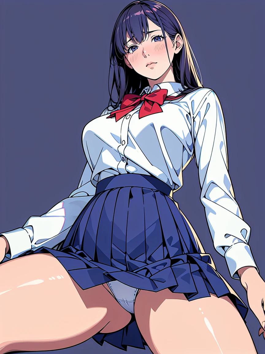 (Highest quality、masterpiece、、Highest quality、Hyperrealism、Ultra HD)、 (A high school girl wearing a white blouse and a navy blue skirt:1.2)、(Navy Pleated Skirt:1.2)、(Red bow tie on chest:1.1)、Perfect Style、Perfect body line、Large Breasts、Perfect beautiful anime style、Smooth anime CG art、Standing Elegantly、(The simplest pure white background:1.2)、(Panties shot from below:1.3)、Spread your legs、(Open your crotch to show your panties:1.2)、Embarrassed expression、blush、Naturally beautiful thighs、The most natural navy pleated skirt