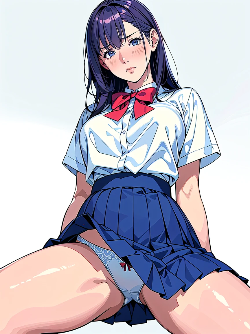 (Highest quality、masterpiece、、Highest quality、Hyperrealism、Ultra HD)、 (A high school girl wearing a white blouse and a navy blue skirt:1.2)、(Navy Pleated Skirt:1.2)、(Red bow tie on chest:1.1)、Perfect Style、Perfect body line、Large Breasts、Perfect beautiful anime style、Smooth anime CG art、Standing Elegantly、(The simplest pure white background:1.2)、(Panties shot from below:1.3)、Spread your legs、(Open your crotch to show your panties:1.2)、Embarrassed expression、blush、Naturally beautiful thighs、The most natural navy pleated skirt