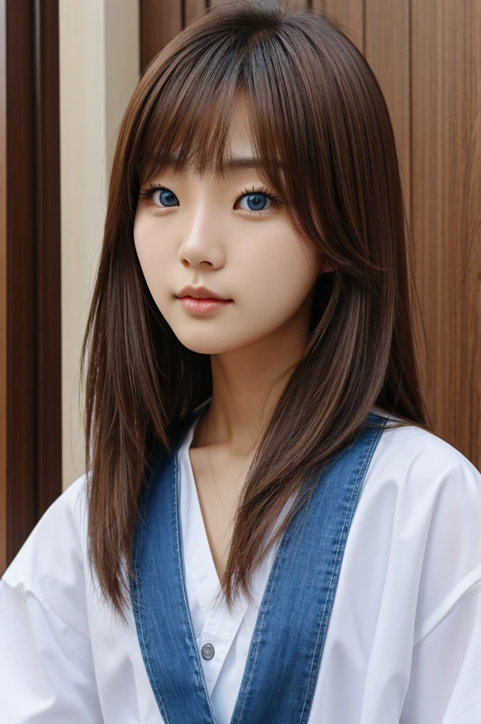 A cute Korean, with long hair, smooth and light brown. blue eyes