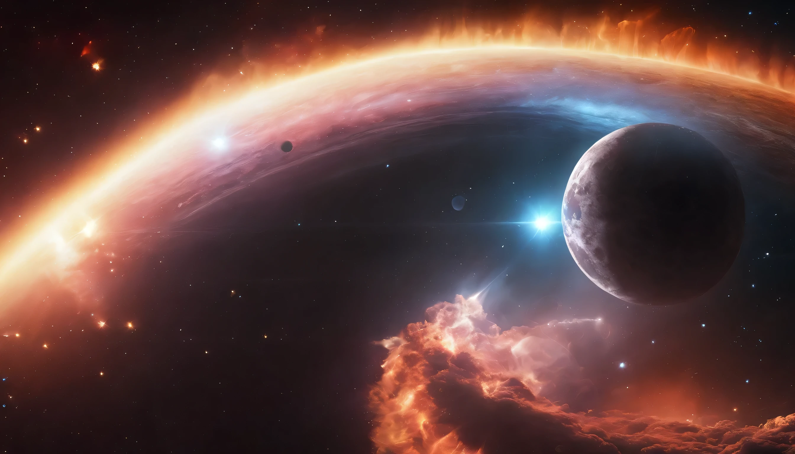 The Moon, centered, casts a dark umbra on Earth, depicting the path of totality. The Sun, in radiant oranges and yellows, forms a stunning corona effect around the Moon, all aligned casting a fading black hole sun halo in the space, orbit space vfx, exosphere, cosmic, astral, quantic, cold and warm,energy-filled epic science fiction film concept digital art by maciej kuciara and vincent di fate,1998 NASA photo, hasselblad electric camera 70mm film, skylab flashlight photography, in the style of Interstellar by Christopher Nolan
