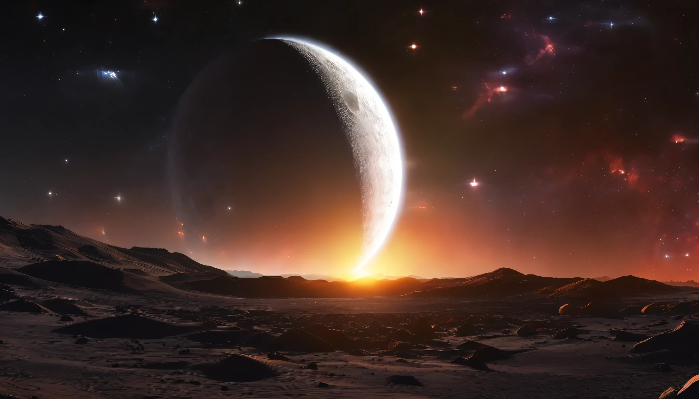 The Moon, centered, casts a dark umbra on Earth, depicting the path of totality. The Sun, in radiant oranges and yellows, forms a stunning corona effect around the Moon, all aligned casting a fading black hole sun halo in the space, orbit space vfx, exosphere, cosmic, astral, quantic, cold and warm,energy-filled epic science fiction film concept digital art by maciej kuciara and vincent di fate,1998 NASA photo, hasselblad electric camera 70mm film, skylab flashlight photography, in the style of Interstellar by Christopher Nolan