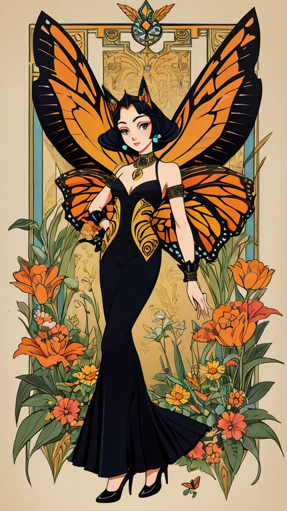 A art deco style cat with monarch butterfly wings in the art style of Erte 