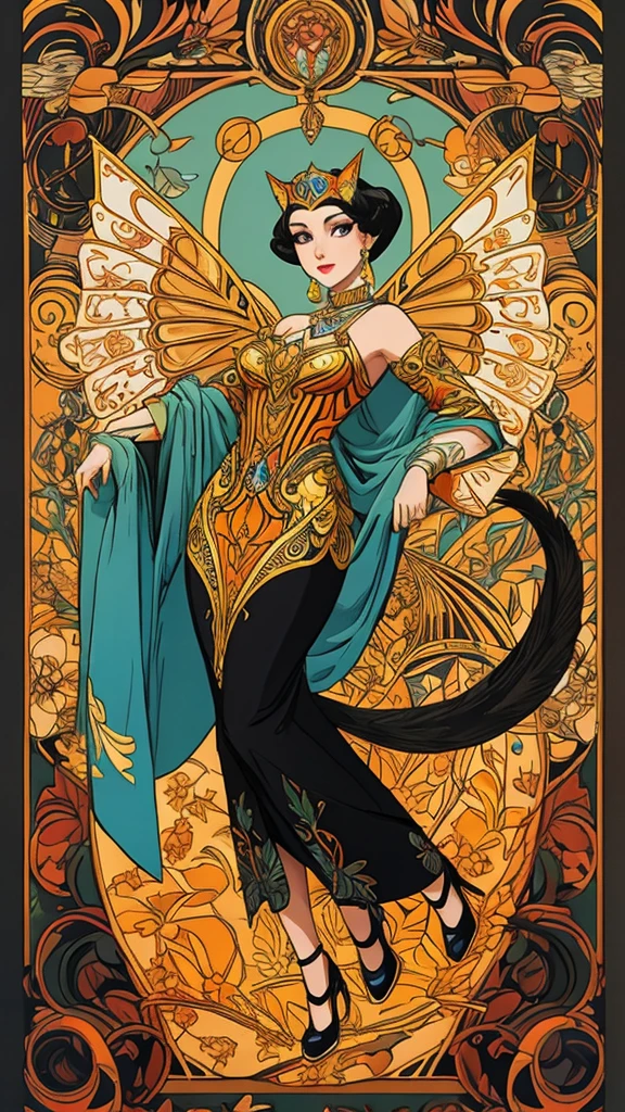 A art deco style cat with monarch butterfly wings in the art style of Erte 