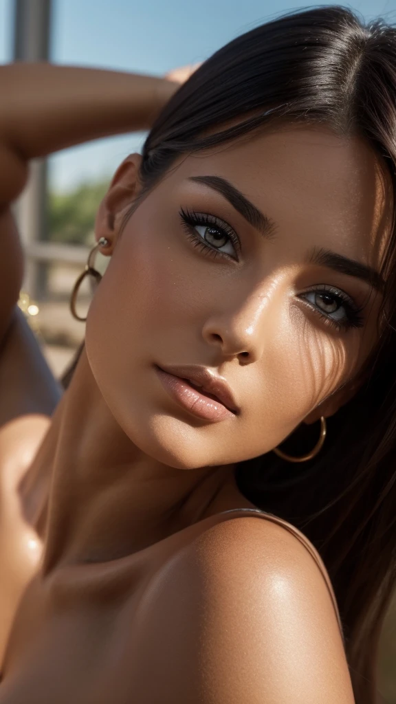 ((best quality, 8k, full body 1 girl, beautiful girl realistic, high resolution)) A photorealistic portrait of a young Moroccan italian woman. she has tanned skin, she is incredibly beautiful. the skin is extremely detailed, she has a dimple and she has well-detailed hazel eyes, she has a cat-like look and she has pretty facial features. She has smooth, detailed hair and she is elegant. Her face is realistically detailed symmetrical, realistic facial proportions, extremely detailed natural texture Dark brown hair. Her body is perfect and well detailed, she has a large, well-raised chest and a slim waist, she has beautiful hips and a large buttocks that are well rounded and detailed. she wears mascara and her makeup is well detailed, she has pretty eyes and a pretty line of eyeliner, she has a pretty beauty spot above her very realistic lip. fine detail, rich colors, hyper realistic realistic texture, dramatic lighting, unreal engine, trending on artstation, cinestill 800 tungsten, photo realistic, high quality, high resolution, sharpness, extremely detailed, cinematic lighting, 8k