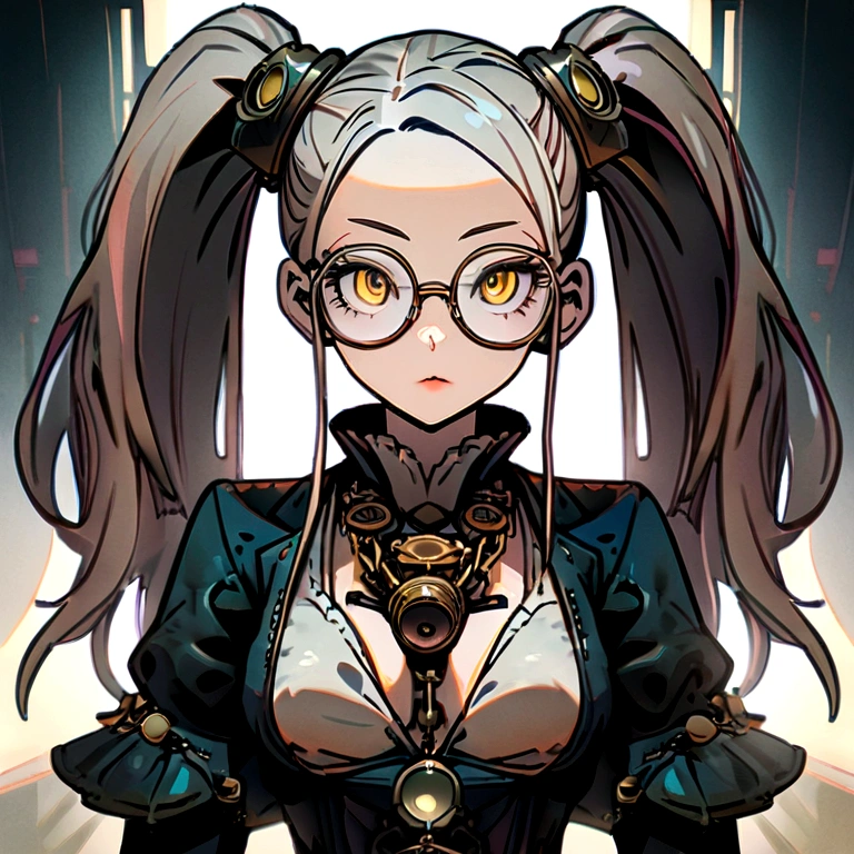 (absurderes, 8K, 4K, work of art, hyper extreme detailed:1.2), standing alone, 1 girl, from front view, face perfect, 1 girl, portraite, expressive eyes, standing alone, standing, female, girl with glasses and a chain around her neck, cyber glasses, victorian glasses, round glasses, glasses, cyberpunk monóculo!, eyes wide, Google Steampunk, steampunk glasses, wearing victorian brass glasses, weak, female, breasts small, pale, cream colored hair, long hair, gold eyes, swept bangs, Scrawny, 苗条, smart, genius, mad scientist, twin tails, Inventor, confident, Perfect Anatomia, futurist, luvas s