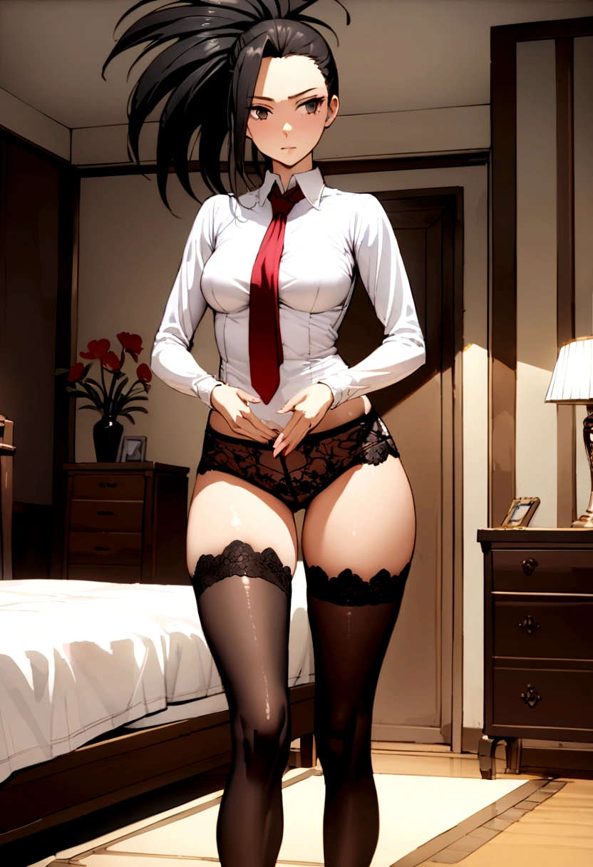 yaoyorozu momo, long sleeve white shirt, Red tie, medium breasts, lace boyshorts, black mid thigh stockings, black shoes. standing, bedroom, perfect body, perfect legs, perfect arms, perfect hands, Masterpiece, detailed