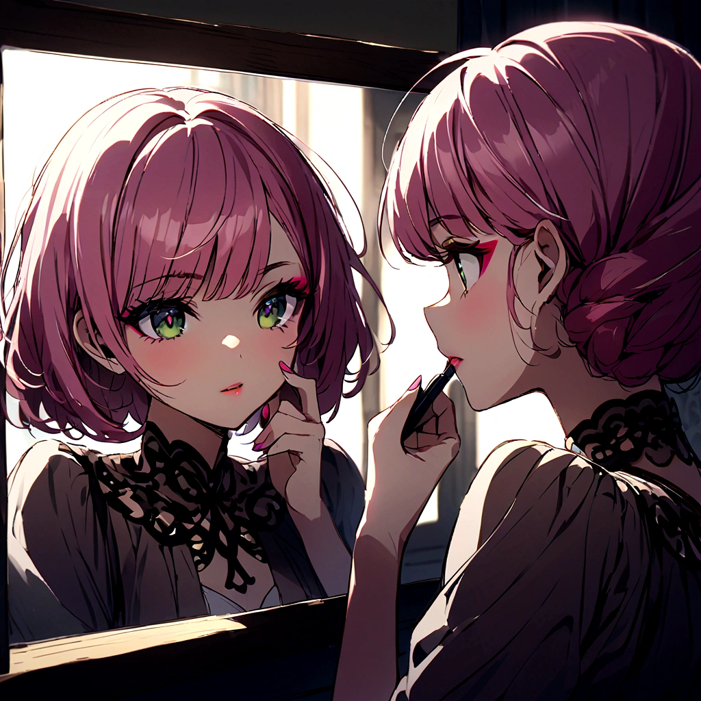 woman with pink hair、Makeup、Putting on makeup、Looking in the mirror