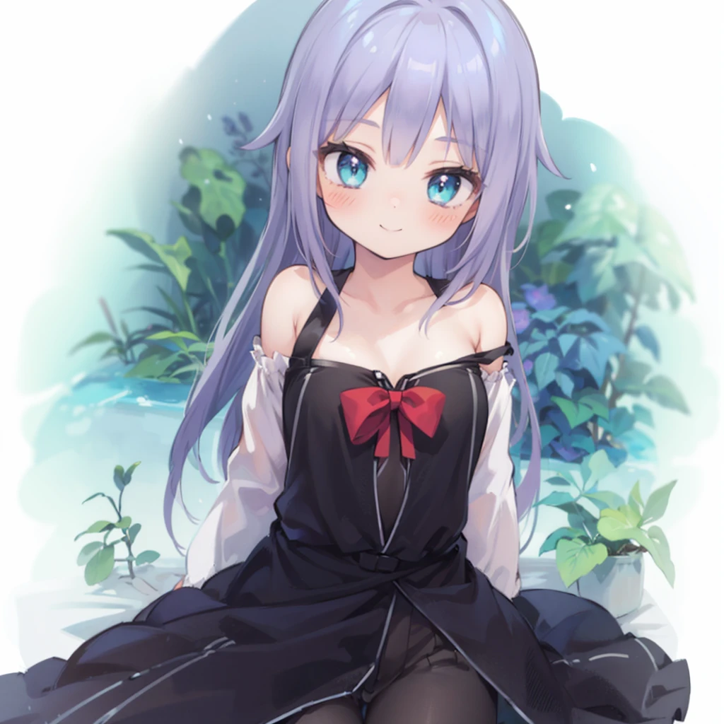 (ultra-detailed illustration of cute girl, solo), light purple hair, long hair, aqua eyes, light smile, black dress with red ribbon, white background, forest, (masterpiece, best quality, beautiful illustration, very aesthetic art)