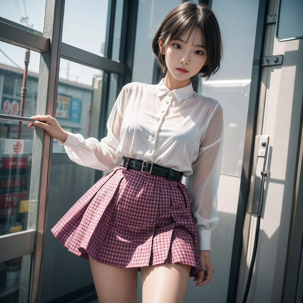A captivating surreal photorealistic image of a playful Asian girl, captured at hip level. She is dressed in a stylish transparent net Chanel outfit, wearing a mini-skirt made of colorful squares. The Ilfochrome photography technique adds a dreamy and vibrant quality to the scene. The girl's carefree attitude and the fashionable attire create an air of sophistication and whimsy, while the background's surreal elements further enhance the image's captivating appeal.