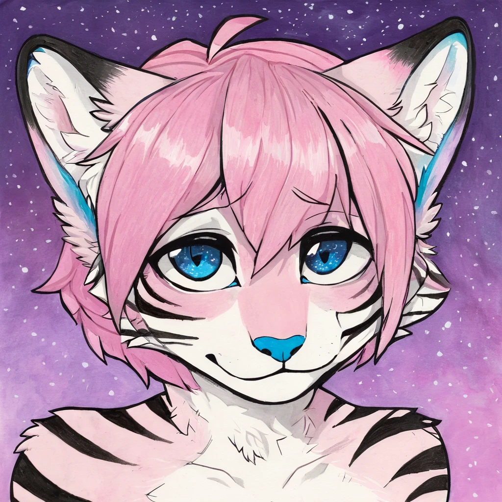 Single, solo, adult, feline, mammal, anthro, anthropomorphic, snow_leopard, cat, striped_feline, fur, furred_anthro, fluffy_tail, femboy, male, bangs, ear_tufts, blue_nose, hair_tuft, hair_between_eyes, long_tail, fluffy, feline_ears, expressive_eyes, purple_hair, gradient_galaxy, pinkish_purple_galaxy_background, light, looking_at_viewer, pink_hair, pink_fur, shy, small_pupils, spotted_pattern, stripes, tail, tiger_stripes, traditional_art, hand-drawn, pencil_lines, ink_details, natural_imperfections, brush_strokes, textured_shading, detailed_line_work, high_resolution, background, head_visible, neck_visible, profile_picture, seductive_face, headshot, close_up