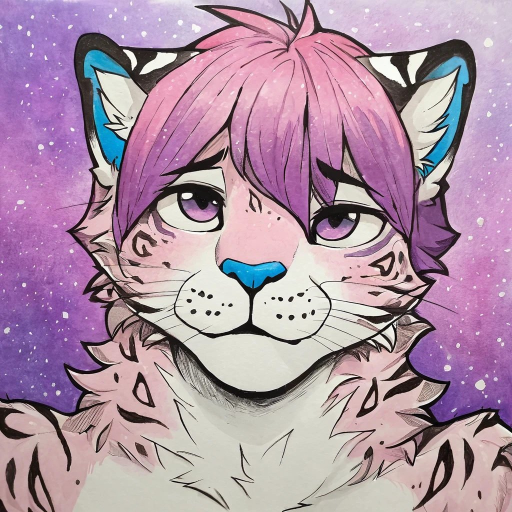 Single, solo, adult, feline, mammal, anthro, anthropomorphic, snow_leopard, cat, striped_feline, fur, furred_anthro, fluffy_tail, femboy, male, bangs, ear_tufts, blue_nose, hair_tuft, hair_between_eyes, long_tail, fluffy, feline_ears, expressive_eyes, purple_hair, gradient_galaxy, pinkish_purple_galaxy_background, light, looking_at_viewer, pink_hair, pink_fur, shy, small_pupils, spotted_pattern, stripes, tail, tiger_stripes, traditional_art, hand-drawn, pencil_lines, ink_details, natural_imperfections, brush_strokes, textured_shading, detailed_line_work, high_resolution, background, head_visible, neck_visible, profile_picture, seductive_face, headshot, close_up