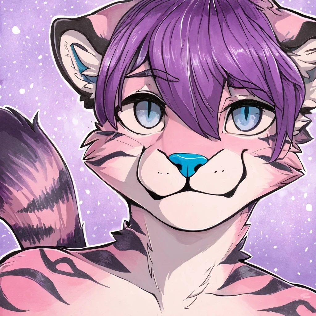 Single, solo, adult, feline, mammal, anthro, anthropomorphic, snow_leopard, cat, striped_feline, fur, furred_anthro, fluffy_tail, femboy, male, bangs, ear_tufts, blue_nose, hair_tuft, hair_between_eyes, long_tail, fluffy, feline_ears, expressive_eyes, purple_hair, gradient_galaxy, pinkish_purple_galaxy_background, light, looking_at_viewer, pink_hair, pink_fur, shy, small_pupils, spotted_pattern, stripes, tail, tiger_stripes, traditional_art, hand-drawn, pencil_lines, ink_details, natural_imperfections, brush_strokes, textured_shading, detailed_line_work, high_resolution, background, head_visible, neck_visible, profile_picture, seductive_face, headshot, close_up