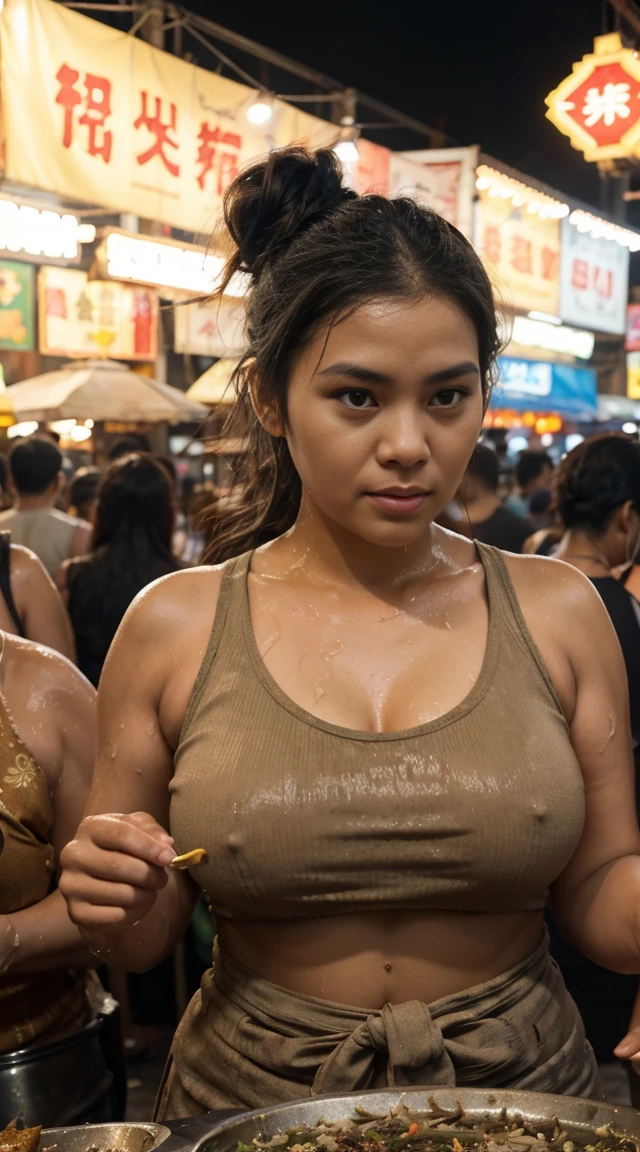 Very detailed and very realistic photo of a middle-aged (slightly curvy) Sundanese woman with long black hair ((messy low bun), (sweat dripping down her face and hair)), wearing a white tank top soaked with sweat and a brown batik cloth that tied around his waist. was cooking at the night market, he was stirring fried rice in a big wok with a serious expression on his face. The atmosphere of this night market looks busy with many people, both men and women, wearing casual clothes. Several people were seen watching the woman cook. The lighting in this image is dominated by a light bulb hanging above the woman, providing a warm lighting effect that highlights her and creates shadows around her. In the background, you can see the atmosphere of a night market with rows of stalls and crowds of people doing activities. This image shows daily life at a night market full of activity and social interaction, Surrealism, 8k, super detail