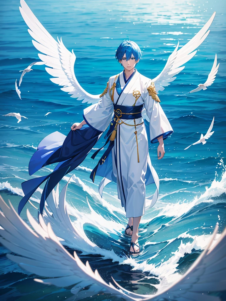 A young man with blue hair, piercing blue eyes, and blue bird wings, clear Japanese dress, blue and gold Standing and pouring into the sea ถือพัดสีดำ 3D