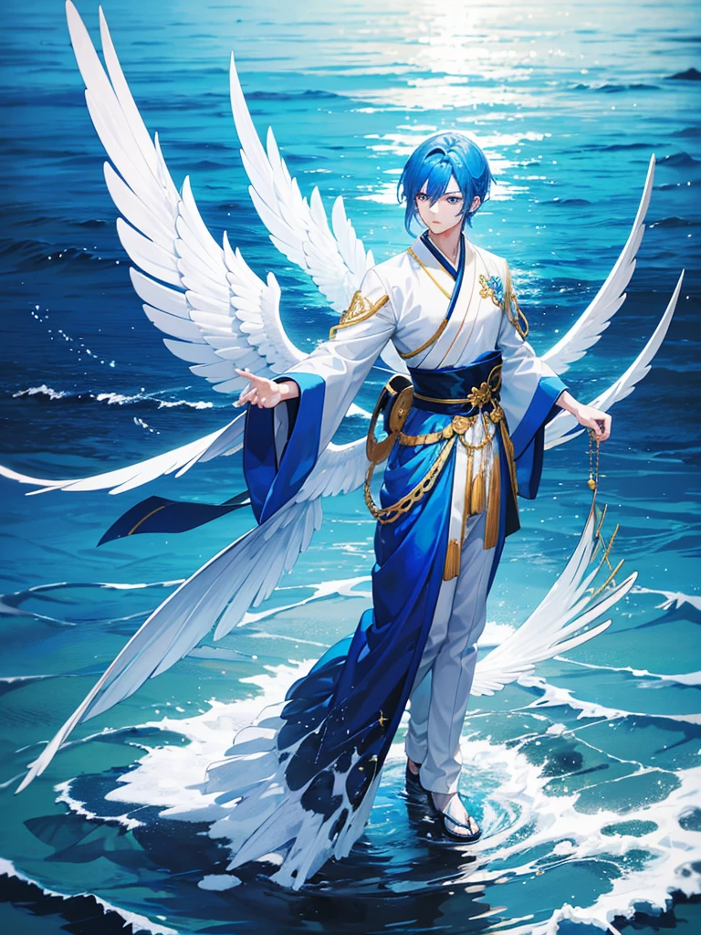 A young man with blue hair, piercing blue eyes, and blue bird wings, clear Japanese dress, blue and gold Standing and pouring into the sea ถือพัดสีดำ 3D