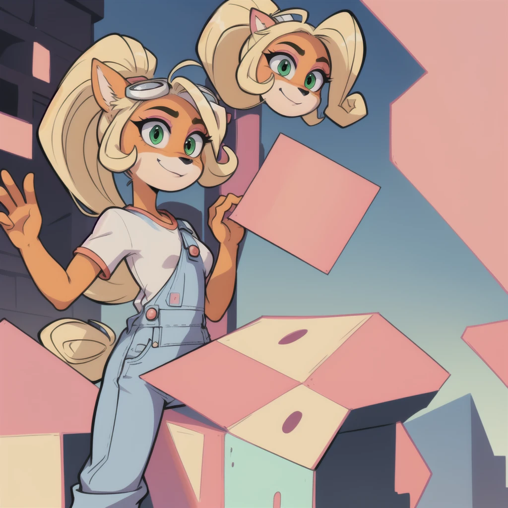  Coco Bandicoot, female, furry, animal ears, orange fur, blonde hair, green eyes, pink eyeshadow, ponytail, long hair,masterpiece, beautiful, white shirt, overalls, goggles on head, ponytail, white shirt short sleeves,  pink sleeves, denim overalls pants, city, green eyes, small size, , small size, , made up, (1 girl), standing, smile, waving, furry, animal, bandicoot, orange fur, black nose, animal ears.