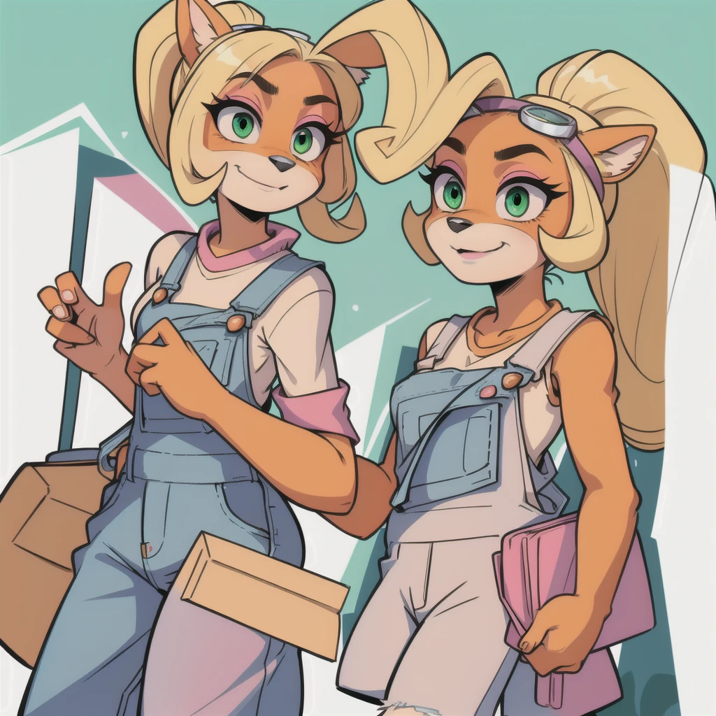  Coco Bandicoot, female, furry, animal ears, orange fur, blonde hair, green eyes, pink eyeshadow, ponytail, long hair,masterpiece, beautiful, white shirt, overalls, goggles on head, ponytail, white shirt short sleeves,  pink sleeves, denim overalls pants, city, green eyes, small size, , small size, , made up, (1 girl), standing, smile, waving, furry, animal, bandicoot, orange fur, black nose, animal ears.