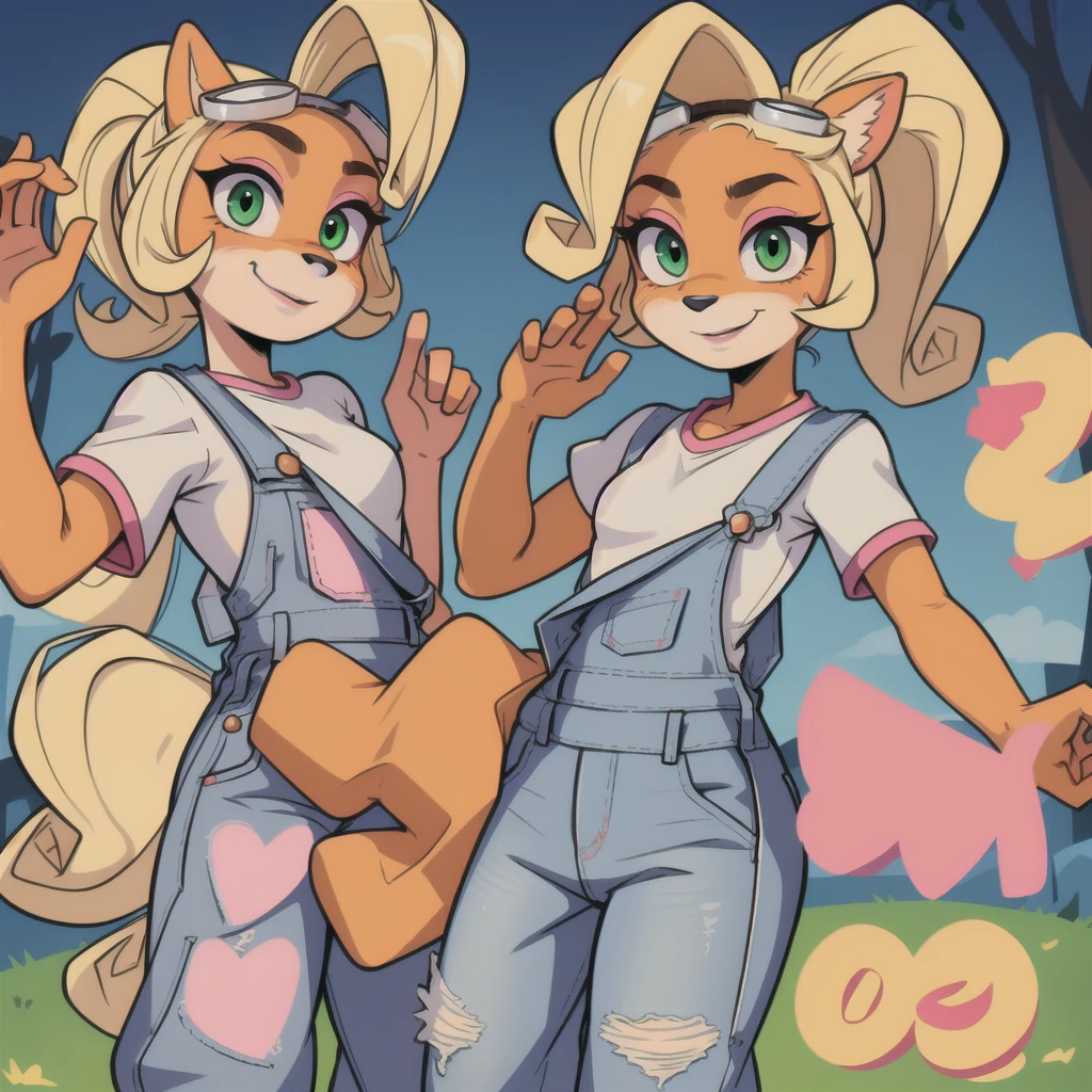 Coco Bandicoot, female, furry, animal ears, orange fur, blonde hair, green eyes, pink eyeshadow, ponytail, long hair,masterpiece, beautiful, white shirt, overalls, goggles on head, ponytail, white shirt short sleeves, pink sleeves, denim overalls pants, city, green eyes, small size, , small size, , made up, (1 girl), standing, smile, waving, furry, animal, bandicoot, orange fur, black nose, animal ears.