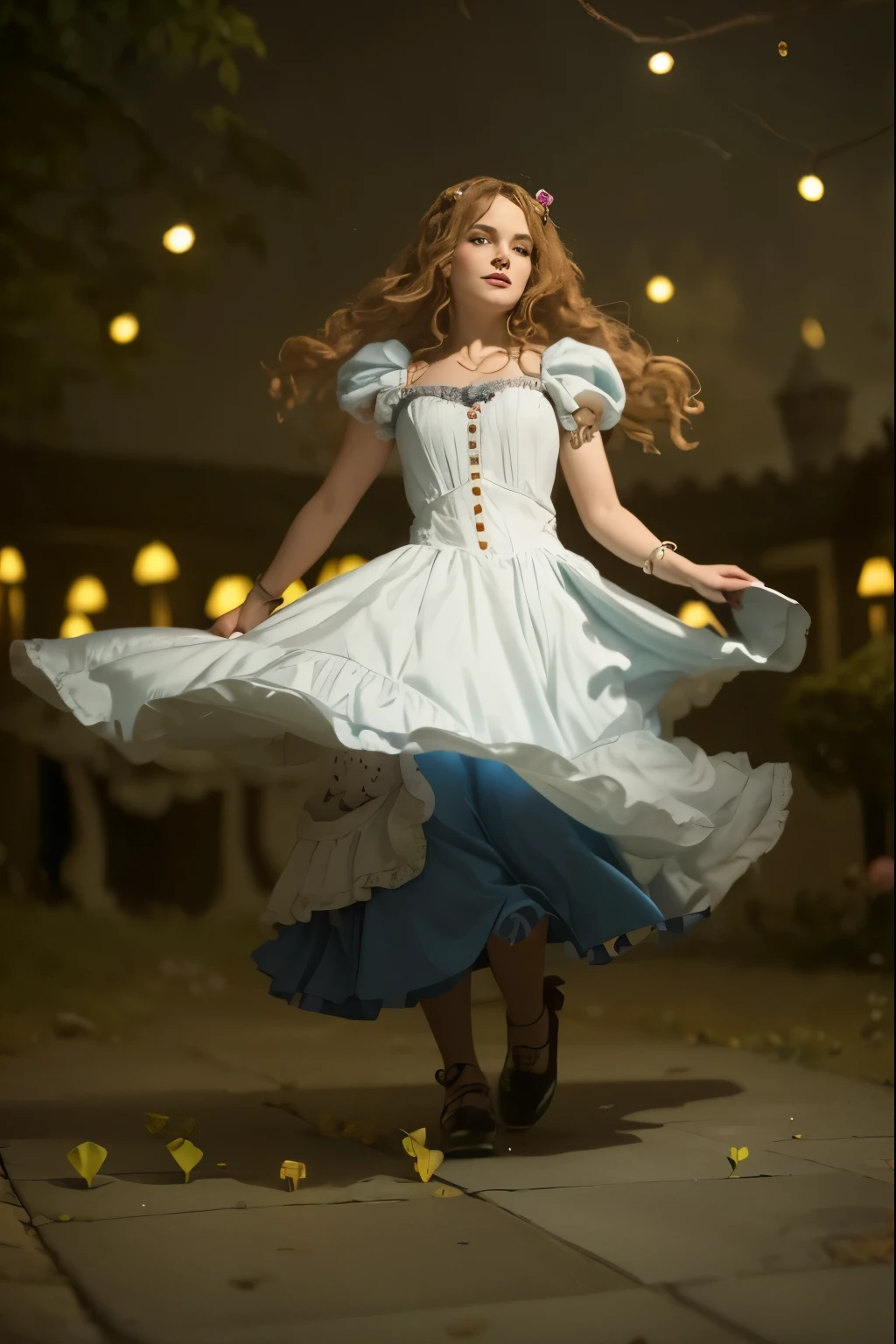 (Best quality, 8k, 32k, Masterpiece, UHD:1.2), "Transform the scene into the whimsical and surreal Wonderland from Tim Burton's Alice in Wonderland movie. Picture a fantastical landscape filled with vibrant colors, twisted shapes, and eccentric details that defy the laws of nature.
The sky is a swirling blend of deep purples and electric blues, dotted with fluffy, oversized clouds. The ground is a patchwork of lush, green meadows and peculiar, brightly colored flowers that seem to have a life of their own. Enormous mushrooms, in a variety of shapes and sizes, tower above, casting curious shadows.
In the distance, you can see the towering, whimsical architecture of the Queen of Hearts' castle, with its heart-shaped turrets and red-and-black color scheme. A winding path, paved with mismatched stones, leads through the landscape, inviting exploration. Along the path, you'll encounter all manner of strange and enchanting creatures, from the mischievous Cheshire Cat, with his wide grin and glowing eyes, to the endearing yet peculiar White Rabbit, always in a hurry.
The trees are gnarled and twisted, with branches that reach out like skeletal hands, some adorned with glowing lanterns and peculiar fruits. The foliage is dense and full of surprises, with occasional glimpses of fantastical creatures peeking through.
The overall atmosphere is one of enchantment and curiosity, with a touch of darkness and mystery, capturing the unique and magical essence of Tim Burton's Wonderland. Every element should be infused with a sense of whimsy and wonder, transforming the setting into a place where the impossible becomes possible."
