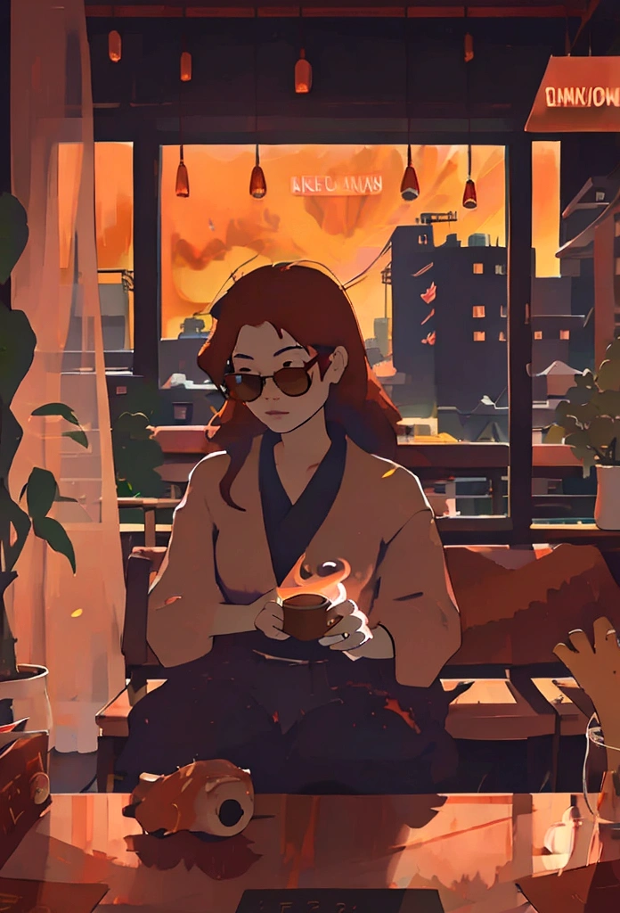Beautiful red-haired Asian girl sitting alone in a cafe at night, Visible from the window, face perfect, oculos de sol, Smoke a cigar, Neon black, (contra-luz: 1.1), hard shadows, work of art, highest quallity, complex, model shooting style, vintage, Film grain,Hold a cigar,cigar