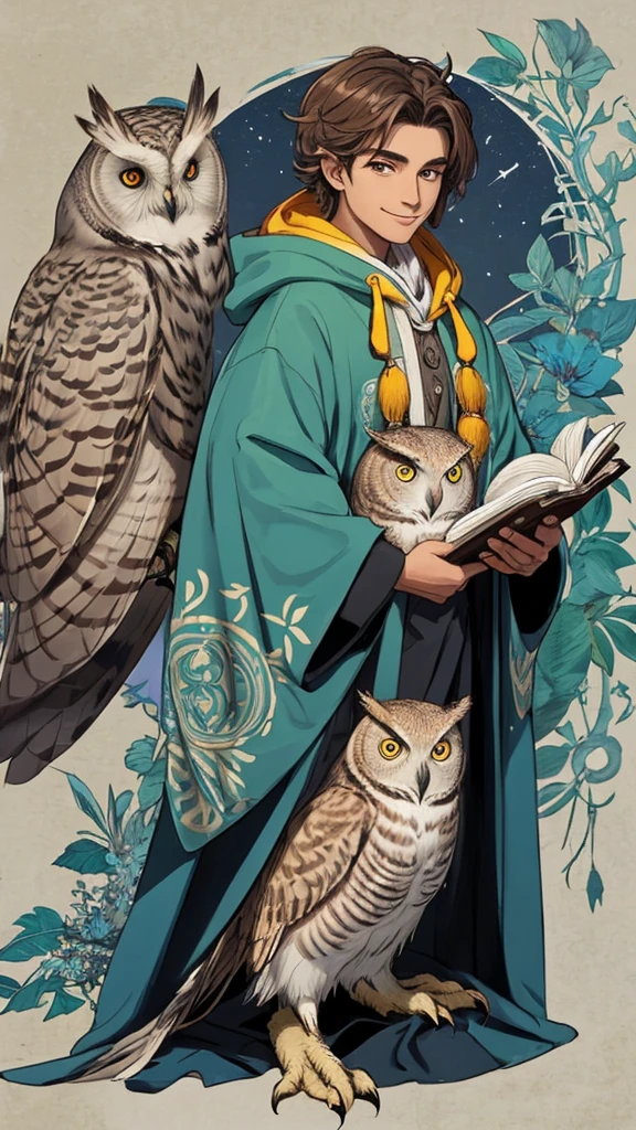 an owl prophet, an owl personified as a prophet with as hood carrying a book and a sly grin