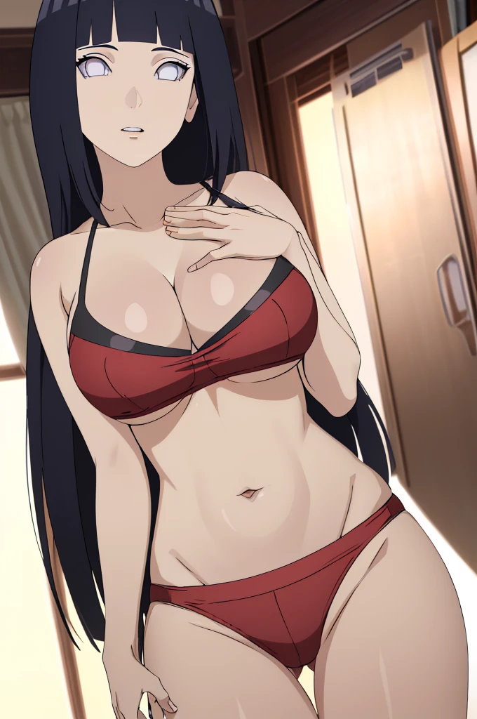 masterpiece, absurdres , (intricate details), (colorful),cinematic lighting,extremely detailed CG unity 8k wallpaper ,hinata\(boruto\), 1girl,solo, large breasts, (hinata, hyuuga hinata, purple eyes, blunt bangs, black hair) big breasts, perfect breasts, large breasts, round breasts, sexy body, slim waist, nice hips, skinny, nice thighs, black bra, cleavage, bare shoulders, collarbone, underboob, slim waist, red bikini, bikini, hands behind head, plain background, cowboy shot, body shot, white backdrop, perfect eyes, glowing eyes, beautiful eyes