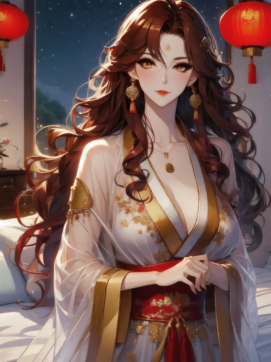 (masterpiece, best quality:1.2), 1women, xian mei, solo golden eyes, long red curly hair, jewellery, perfect anatomy, chinese traditional room, nudity, nude, sexy, sex, night, starry sky, night beautiful sky, shining stars,