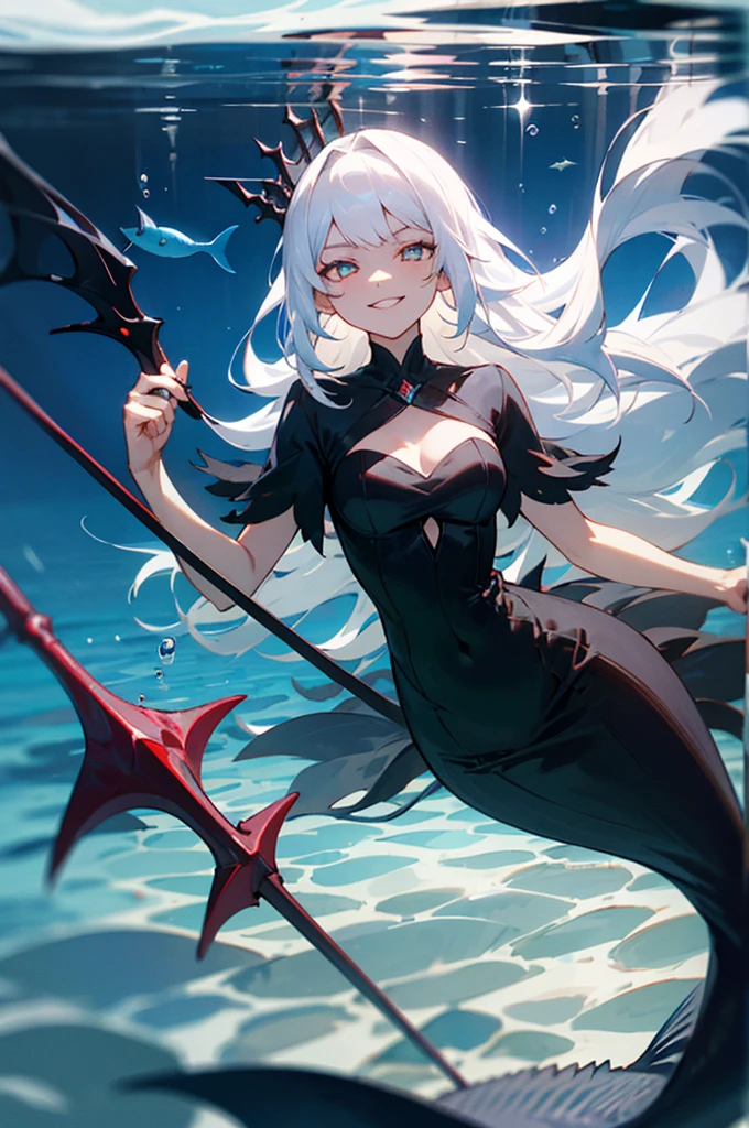 Female, long hair, white hair, sharp pupils, holding dark Trident, dark clothes, Black dress, mermaid, underwater, Evil, Storm, dark Crown, Evil smile