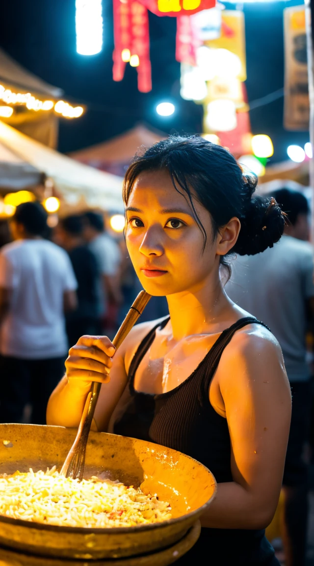 Very detailed and very realistic photo of a middle-aged (slightly curvy) Sundanese woman with long black hair ((messy low bun), (sweat dripping down her face and hair)), wearing a white tank top soaked with sweat and a brown batik cloth that tied around his waist. was cooking at the night market, he was stirring fried rice in a big wok with a serious expression on his face. The atmosphere of this night market looks busy with many people, both men and women, wearing casual clothes. Several people were seen watching the woman cook. The lighting in this image is dominated by a light bulb hanging above the woman, providing a warm lighting effect that highlights her and creates shadows around her. In the background, you can see the atmosphere of a night market with rows of stalls and crowds of people doing activities. This image shows daily life at a night market full of activity and social interaction, Surrealism, 8k, super detail