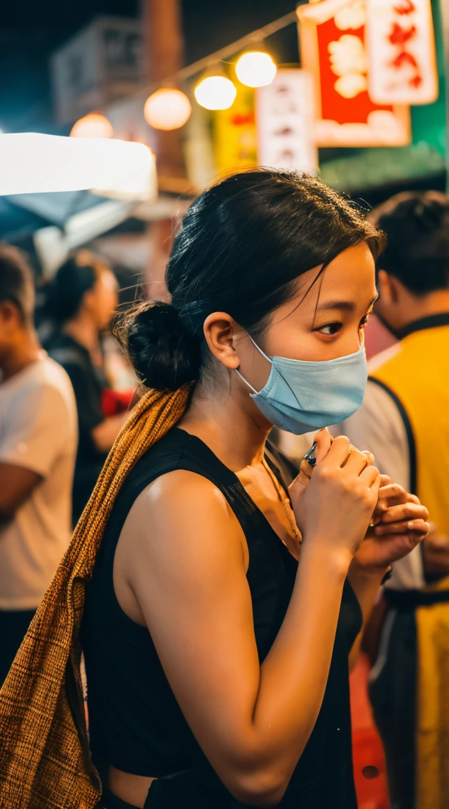 Very detailed and very realistic photo of a middle-aged (slightly curvy) Sundanese woman with long black hair ((messy low bun), (sweat dripping down her face and hair)), wearing a white tank top soaked with sweat and a brown batik cloth that tied around his waist. was cooking at the night market, he was stirring fried rice in a big wok with a serious expression on his face. The atmosphere of this night market looks busy with many people, both men and women, wearing casual clothes. Several people were seen watching the woman cook. The lighting in this image is dominated by a light bulb hanging above the woman, providing a warm lighting effect that highlights her and creates shadows around her. In the background, you can see the atmosphere of a night market with rows of stalls and crowds of people doing activities. This image shows daily life at a night market full of activity and social interaction, Surrealism, 8k, super detail