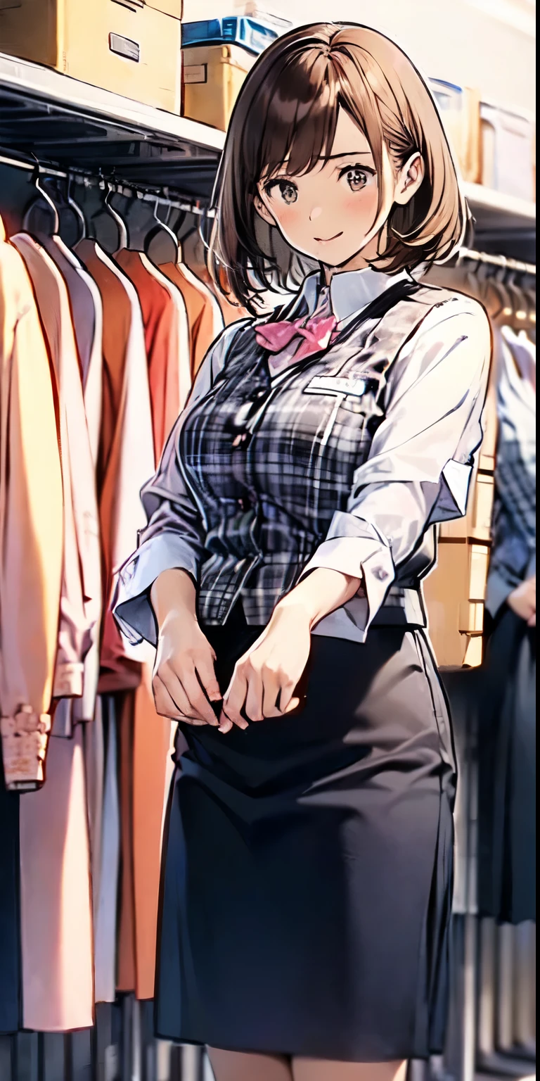 (((a girl changing of clothes))), (((in lockerroom ))),delicate and cute girls with brown hair,((wearing business service uniform )),(office lady Japanese style),、30 years、Super8K Ultra High Definition、Delicate texture、 Medium Hair、flat chest、((()))、((()))、Plain clothes,nsfw,big breast,lockerroom,,peeping scene,(((girl changing of clothes))),,(((drooping eyes))),((plaid wear)),showing white camisole,(exposed white camisole),embarrassed face,(((taking off clothes and showing camisole)))