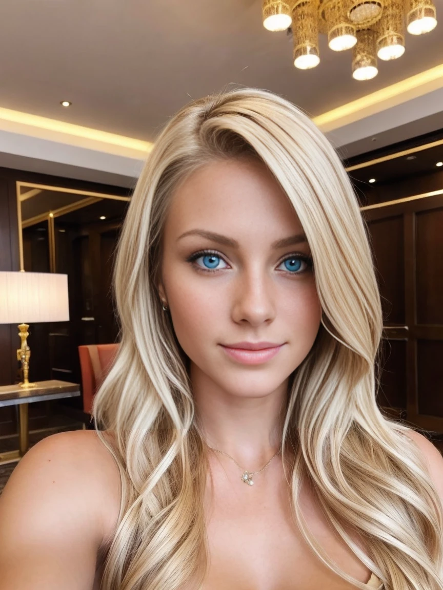 beautiful european blonde model, take a selfie in the lobby'hotel, wear a red dress, , large , Size, deep blue eyes,