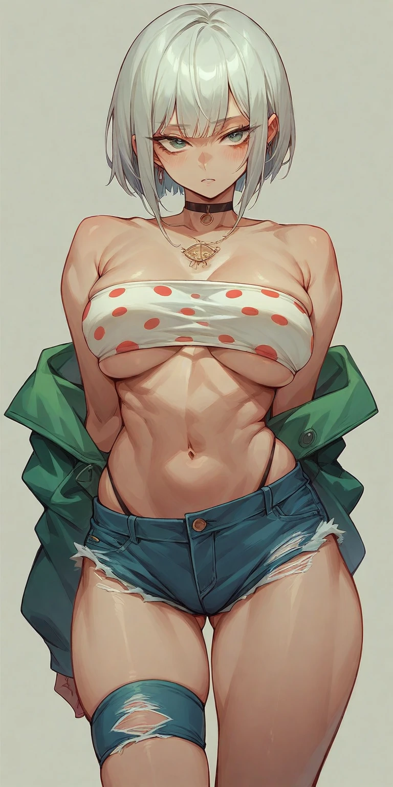 Remove her clothes and replace with a bandeau style top made of mesh material adorned with small white polka dots scattered across it.. The bottom consists of gathered fabric forming hipster-style bikini shorts in black