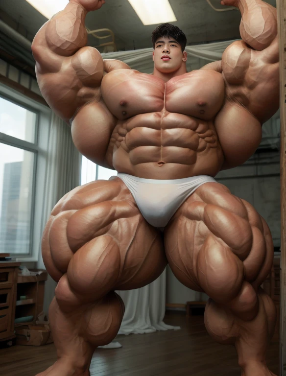 1 asian boy, giant, alone, giant bodybuilder, illuminating light, strong body, bulk, large size, staring, standing, armpit, in white photo studio, indoor, nude, white triangular underwear, thick bulge, extraordinary big, brutalmass, giant muscular body, bulk, buff, massive body, large meaty body size, extremely wide body