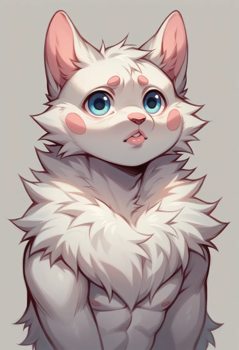  There is an anthropomorphic male cat. Semi-long fluffy white fur, soft and silky all over your skin and body, head and face, its soft and rounded fluffy snout, his entire plush body, slender figure, defined hip, and its pink pads as well as its nose and lips, her lips are soft and rounded, Ears wide at the base, medium size. high cheekbones and full cheeks. Has a long tail, his big eyes, light blue, and 1.60 cm tall
