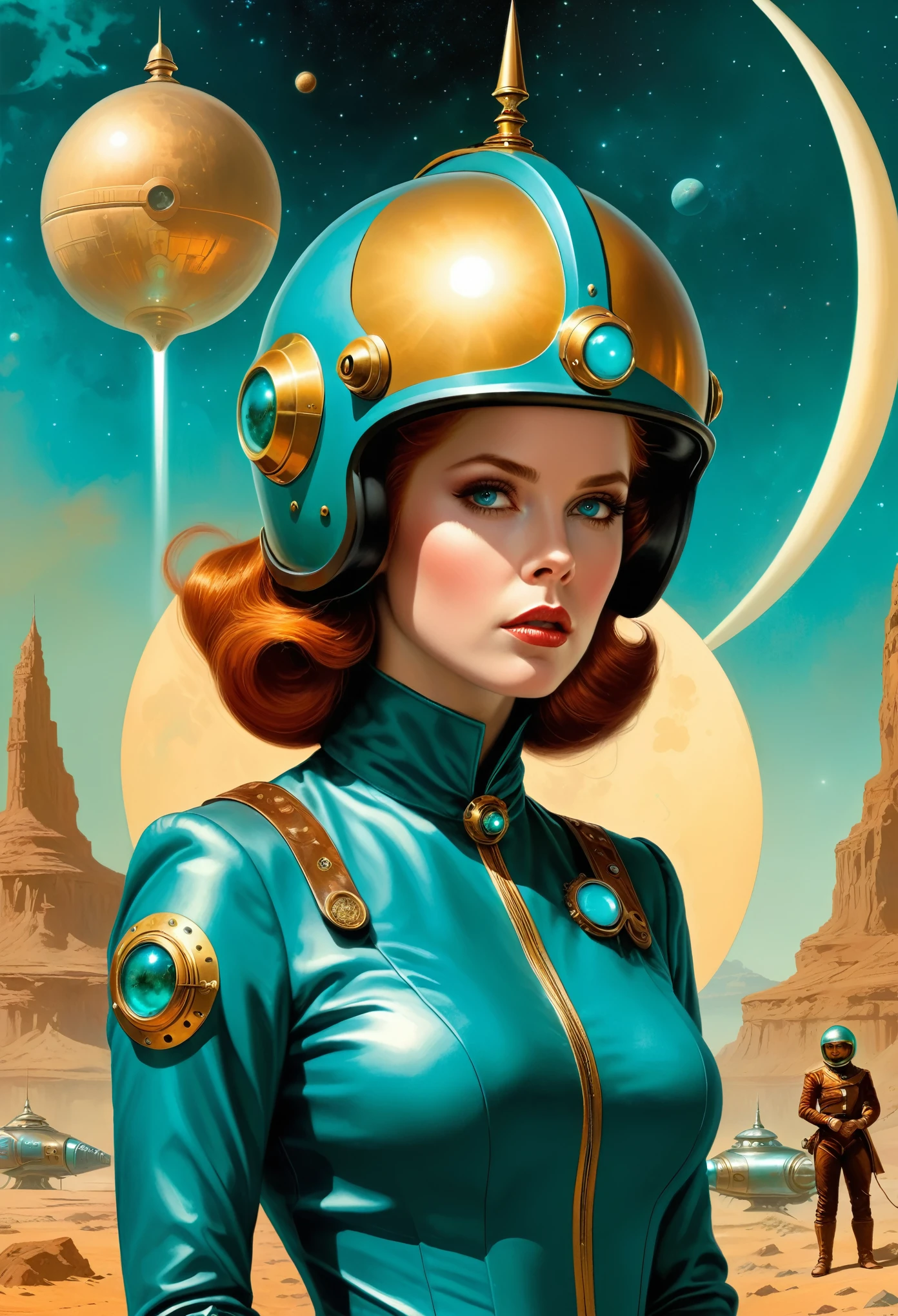 A woman wearing a helmet and sci-fi, Boris Vallejo and Tom Bagshaw, The Prophet Graphic Novel, Space Treasure, Inspired by Earl Norem, Deep Dream, Won the CGsociety, Looks a bit like Amy Adams, Gold Turquoise Steampunk, 2070