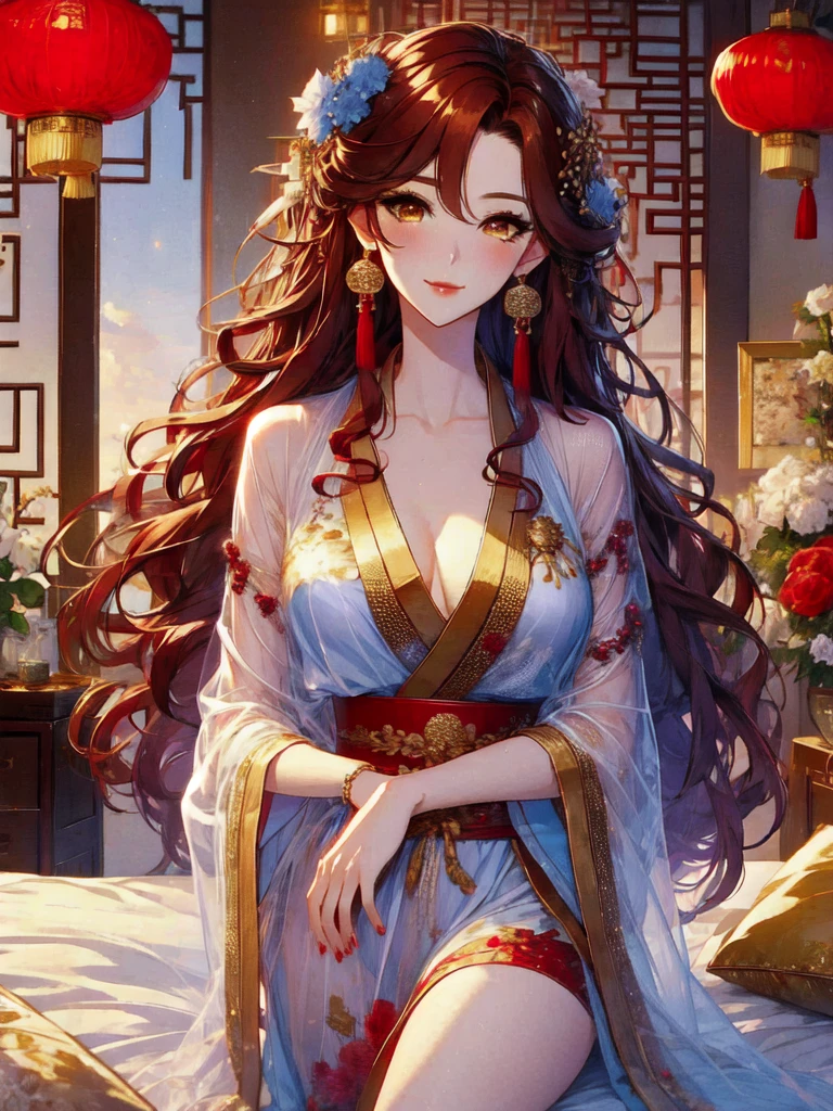 (masterpiece, best quality:1.2), 1women, xian mei, solo golden eyes, long red curly hair, jewellery, perfect anatomy, chinese traditional room, nudity, nude, sexy, hot, night, starry sky, night beautiful sky, shining stars,