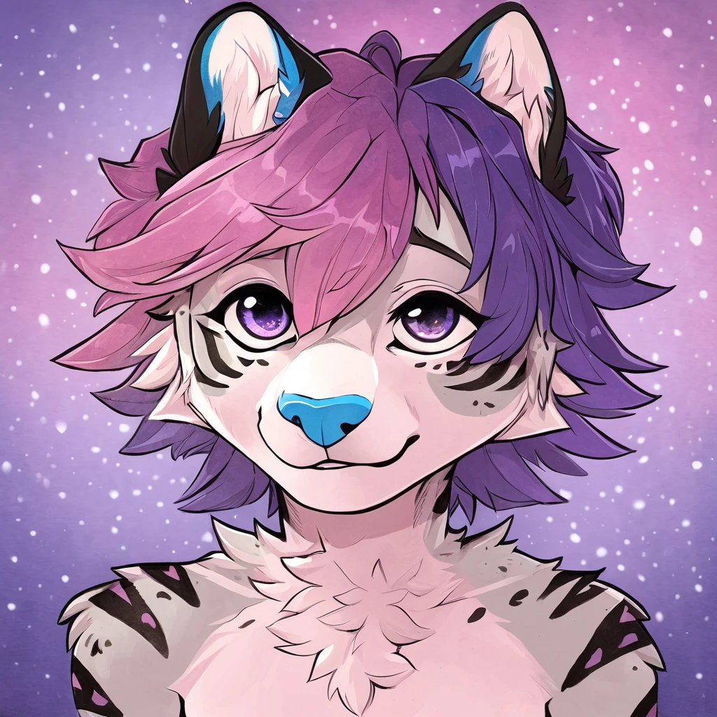Single, solo, adult, feline, mammal, anthro, anthropomorphic, snow_leopard, cat, striped_feline, fur, furred_anthro, fluffy_tail, femboy, male, bangs, ear_tufts, blue_nose, hair_tuft, hair_between_eyes, long_tail, fluffy, feline_ears, expressive_eyes, purple_hair, gradient_galaxy, pinkish_purple_galaxy_background, light, looking_at_viewer, pink_hair, pink_fur, shy, small_pupils, spotted_pattern, stripes, tail, tiger_stripes, traditional_art, hand-drawn, pencil_lines, ink_details, natural_imperfections, brush_strokes, textured_shading, detailed_line_work, high_resolution, background, head_visible, neck_visible, profile_picture, seductive_face, headshot, close_up