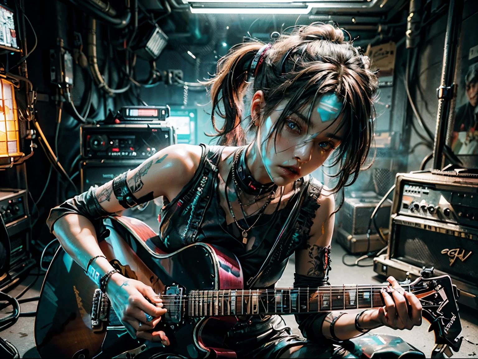 girl, guitarist, cyberpunk, guitarist playing an electric guitar, external features included, intricate guitar details, dramatic-metal lighting, moody atmosphere, cinematic composition, oil painting, vibrant colors, dramatic shadows, skilled musician, intense expression, pose dynamics, studio setup, Professional quality, Artwork, best quality, very aesthetic, absurd, neon, 8k 16k, hyper realism