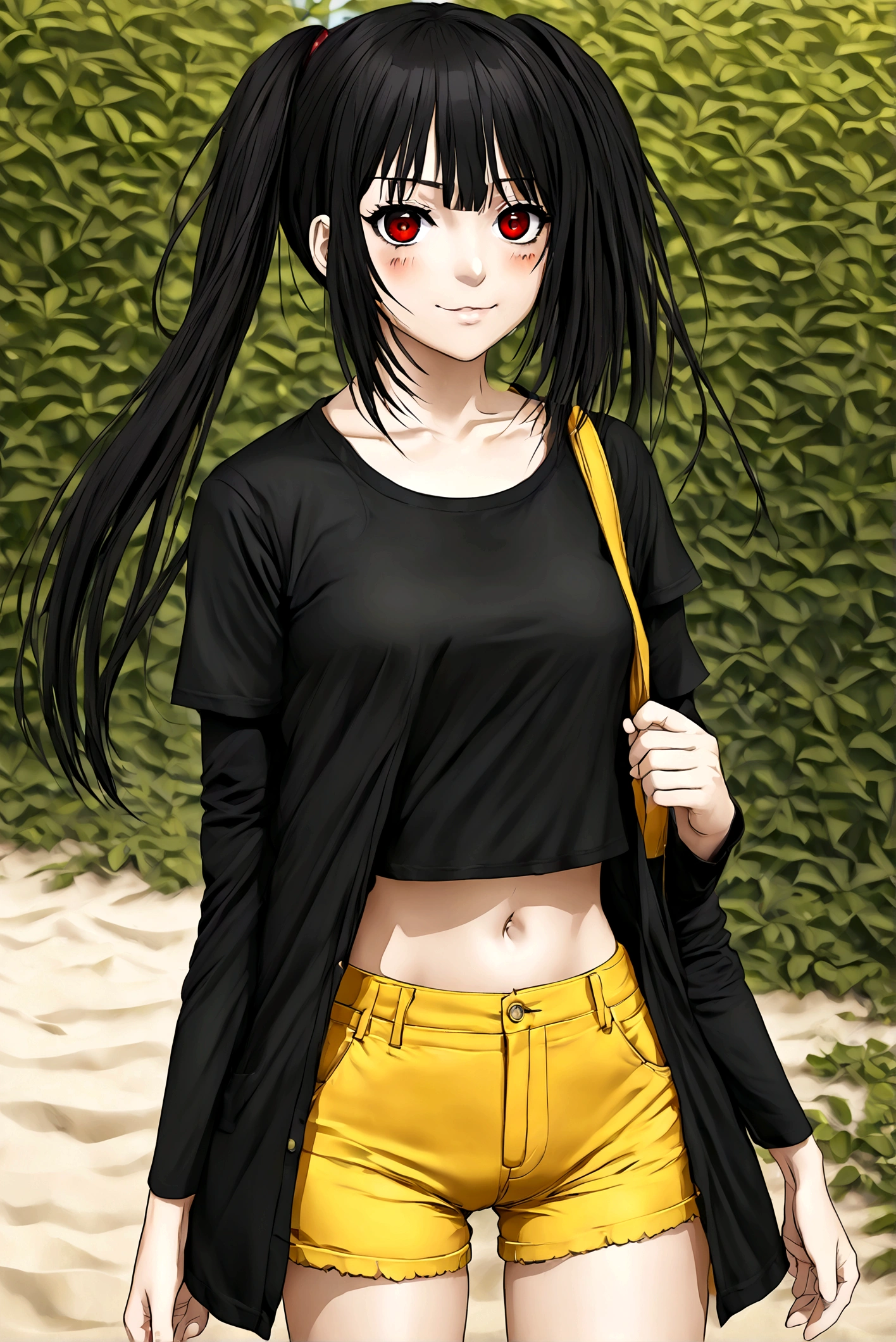 ultra-detailed,highly detailed,best quality,masterpiece,illustration,realistic, photo,photorealistic,
1girl, ((tokisaki kurumi)), cosplay, hair over one eye, (right red eye, left yellow eye), looking at viewer, happy girl, low twintails, ((t-shirts)), (((black hotpants))), hair rings, loafers,
(Outdoors) , walking, beach
