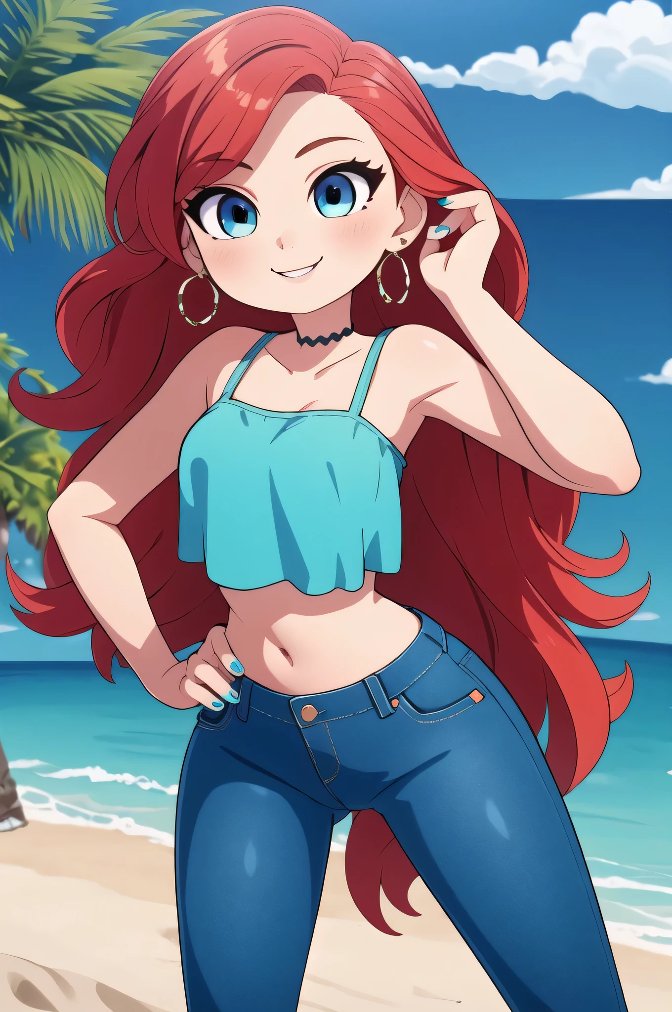 (masterpiece:1.2), (best quality), (ultra detailed), (8k,4k),(half body:1.2), (cowboy:1.2), (highly detailed:1.2), (detailed face:1.2), (detailed background), (portrait), detailed landscape, (dynamic pose:1.2), (perfect lighting), ruby 1girl, solo, long hair, looking at viewer, smile, jewelry, very long hair, standing, red hair, earrings, pants, blue eyes, white-skinned female, aqua ruffle crop top, denim, blue nails, jeans, hoop earrings, blue pants, beach background,