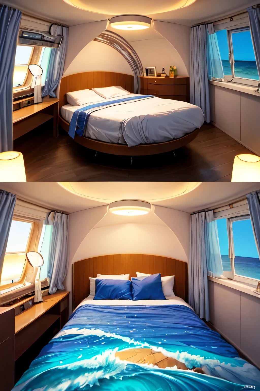 Inside the round capsule in the sea is a bed with neon lights. The bed is wrapped in comfortable pillows and soft blankets, providing a good night's sleep. Beautiful views of the sea are projected inside the capsule, and you can hear the calming sounds of the waves. This bed is perfect for people who want to relax and rest