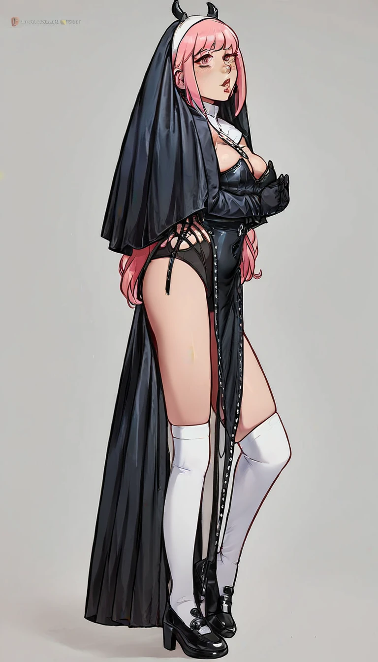 a woman nun sect sexy beautiful big breast beauty skin pink short pink hair disheveled her eye black pupil yellow dresses black nun and a black skirt longer pair white socks long black shoe