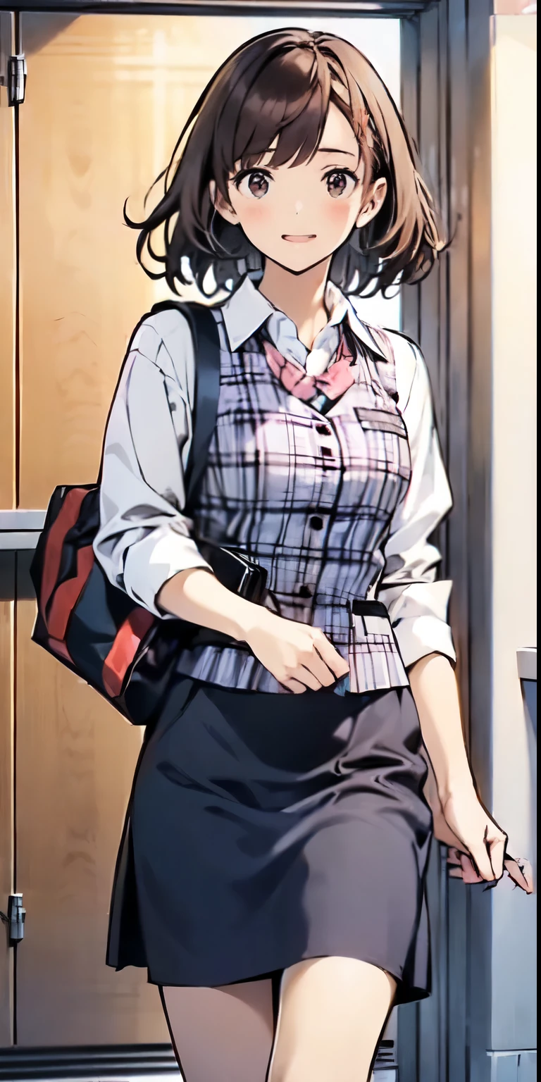 (((a girl changing of clothes))), (((in lockerroom ))),delicate and cute girls with brown hair,((wearing business service uniform )),(office lady Japanese style),、30 years、Super8K Ultra High Definition、Delicate texture、 Medium Hair、flat chest、((()))、((()))、Plain clothes,nsfw,big breast,lockerroom,,peeping scene,(((girl changing of clothes))),,(((drooping eyes))),((plaid wear)),showing white camisole,(exposed white camisole),embarrassed face