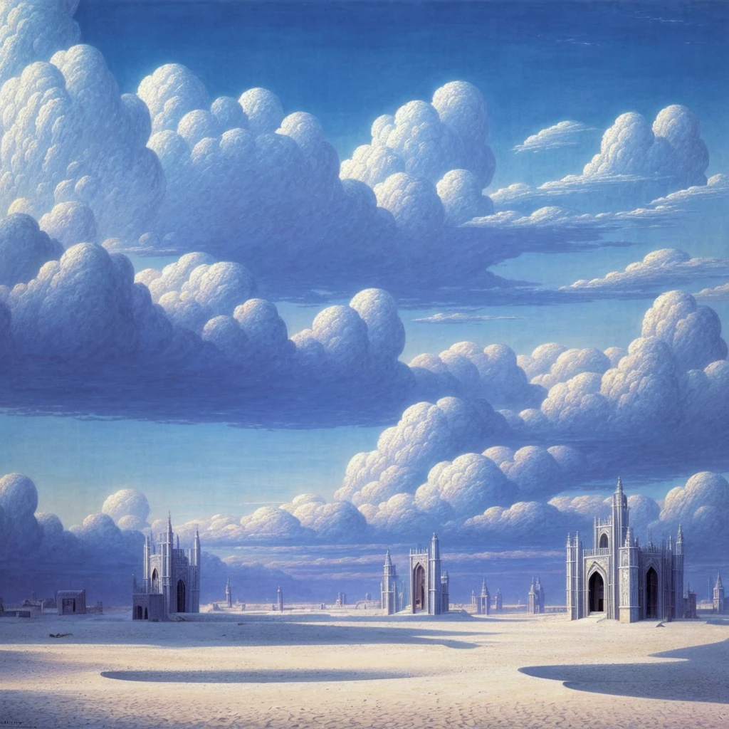 A landscape of white sand, from which mirrors emerge and blue tigers prowl: in the sky a medieval city floats in the clouds. Everything looks like a strange and mysterious dream. In the painterly style of Wayne Barlowe