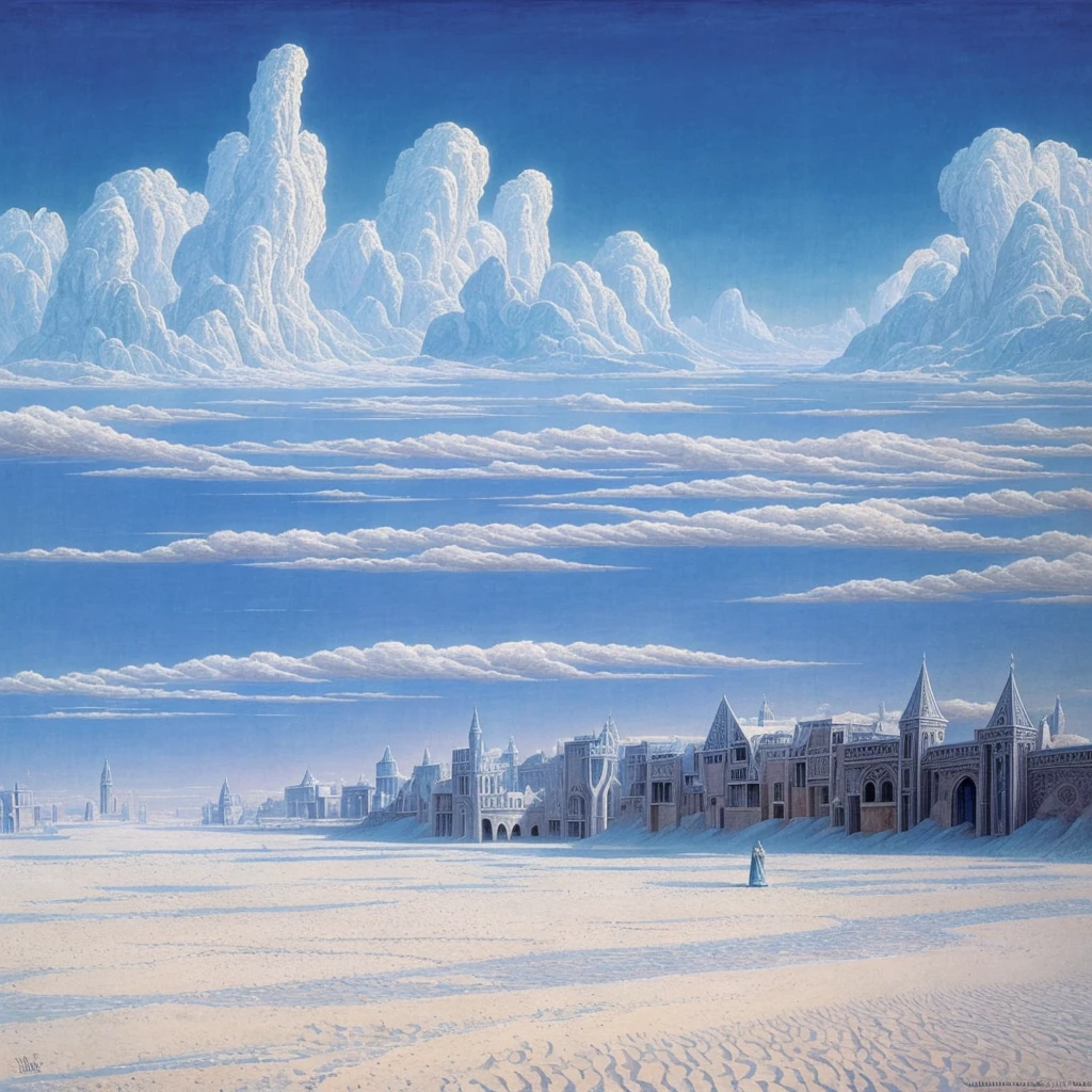 A landscape of white sand, from which mirrors emerge and blue tigers prowl: in the sky a medieval city floats in the clouds. Everything looks like a strange and mysterious dream. In the painterly style of Wayne Barlowe 