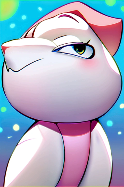 There is an anthropomorphic male cat. Semi-long fluffy white fur, soft and silky all over your skin and body, head and face, its soft and rounded fluffy snout, his entire plush body, slender figure, defined hip, and its pink pads as well as its nose and lips, her lips are soft and rounded, Ears wide at the base, medium size. high cheekbones and full cheeks. Has a long tail, his big eyes, light blue, and 1.60 cm tall
