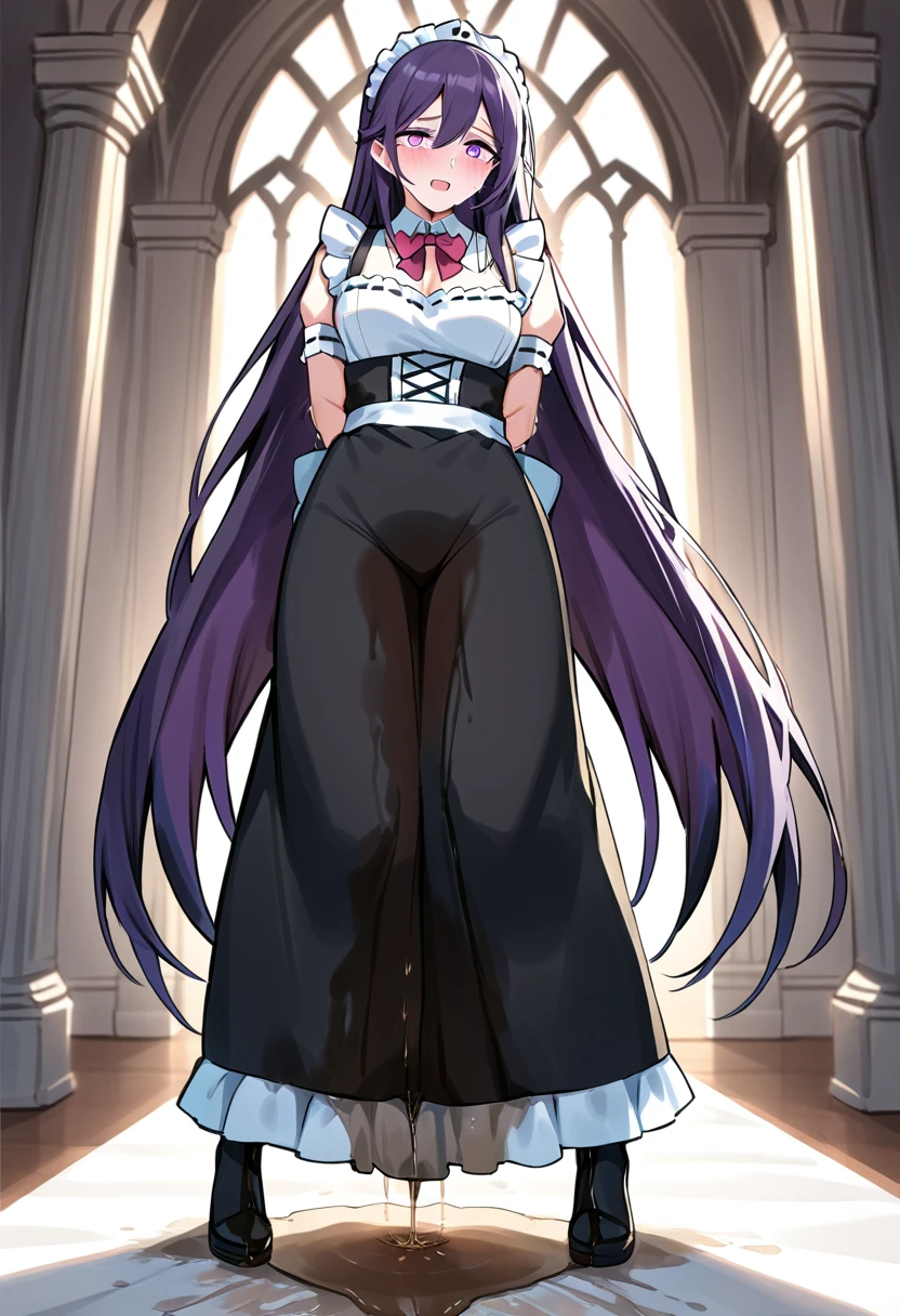 (masterpiece:1.37), best quality, (extremely detailed:1.37), woman, (very long hair:1.5), dark purple hair, purple eyes, (extremely detailed eyes:1.37), maid uniform, (long dress:1.5), desperation, (wetting self:2.0), standing, indoors, fantasy setting, manor, mansion